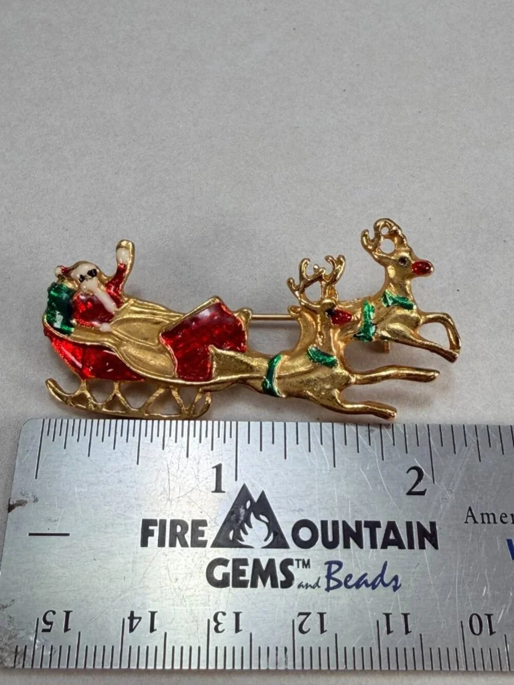Vintage Santa Claus Sleigh Reindeer Brooch Gold Tone Enamel Christmas Pin